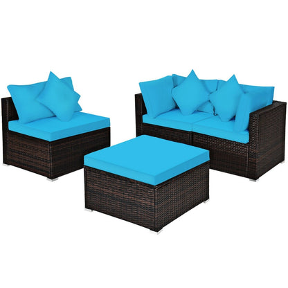 4 Pcs Ottoman Garden Deck Patio Rattan Wicker Furniture Set Cushioned Sofa, Turquoise Outdoor Sectionals   at Gallery Canada