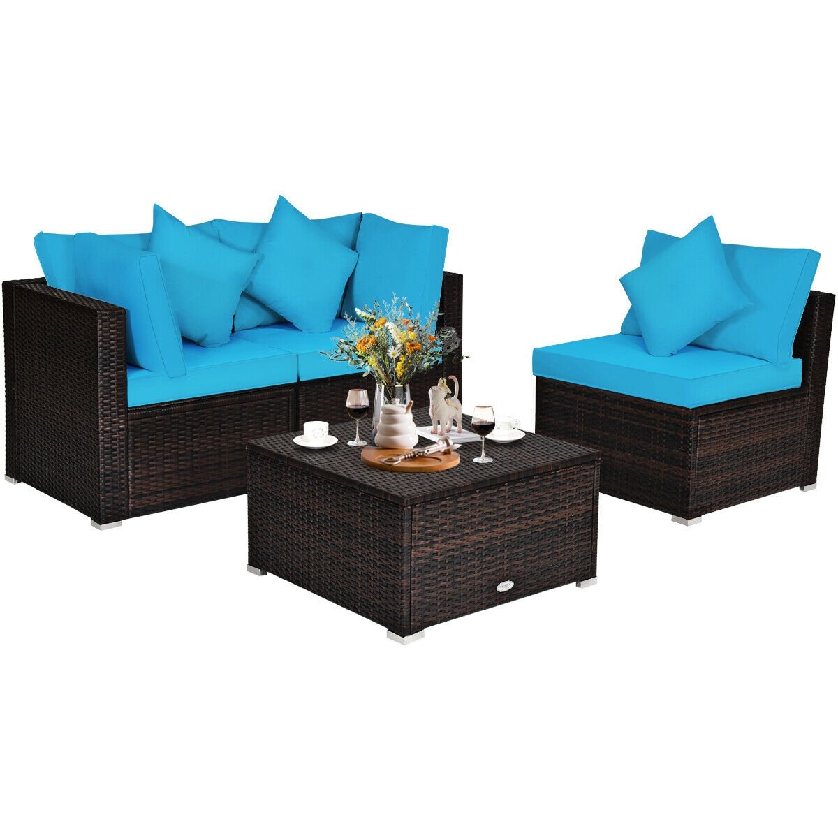 4 Pcs Ottoman Garden Deck Patio Rattan Wicker Furniture Set Cushioned Sofa, Turquoise Outdoor Sectionals   at Gallery Canada