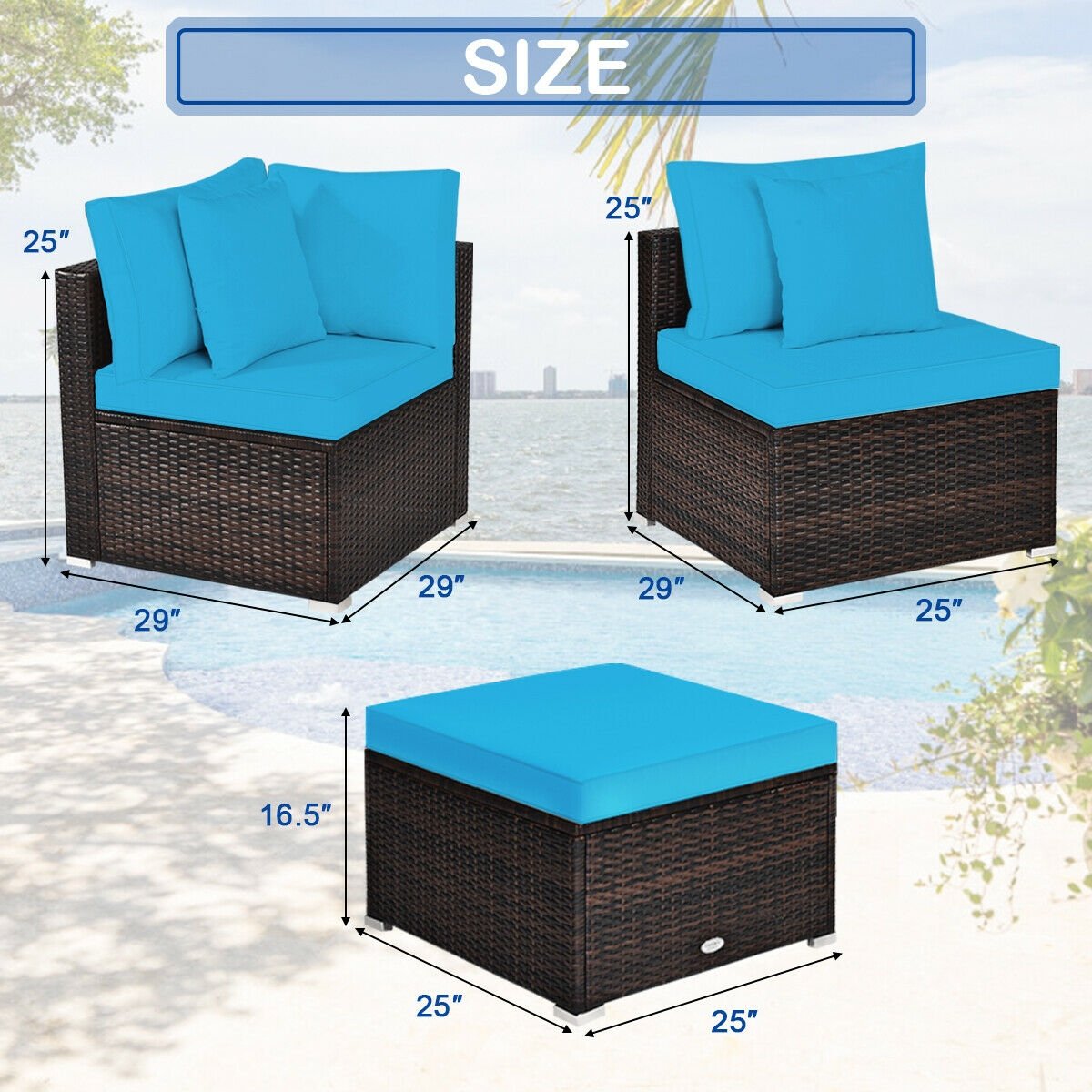 4 Pcs Ottoman Garden Deck Patio Rattan Wicker Furniture Set Cushioned Sofa, Turquoise Outdoor Sectionals   at Gallery Canada