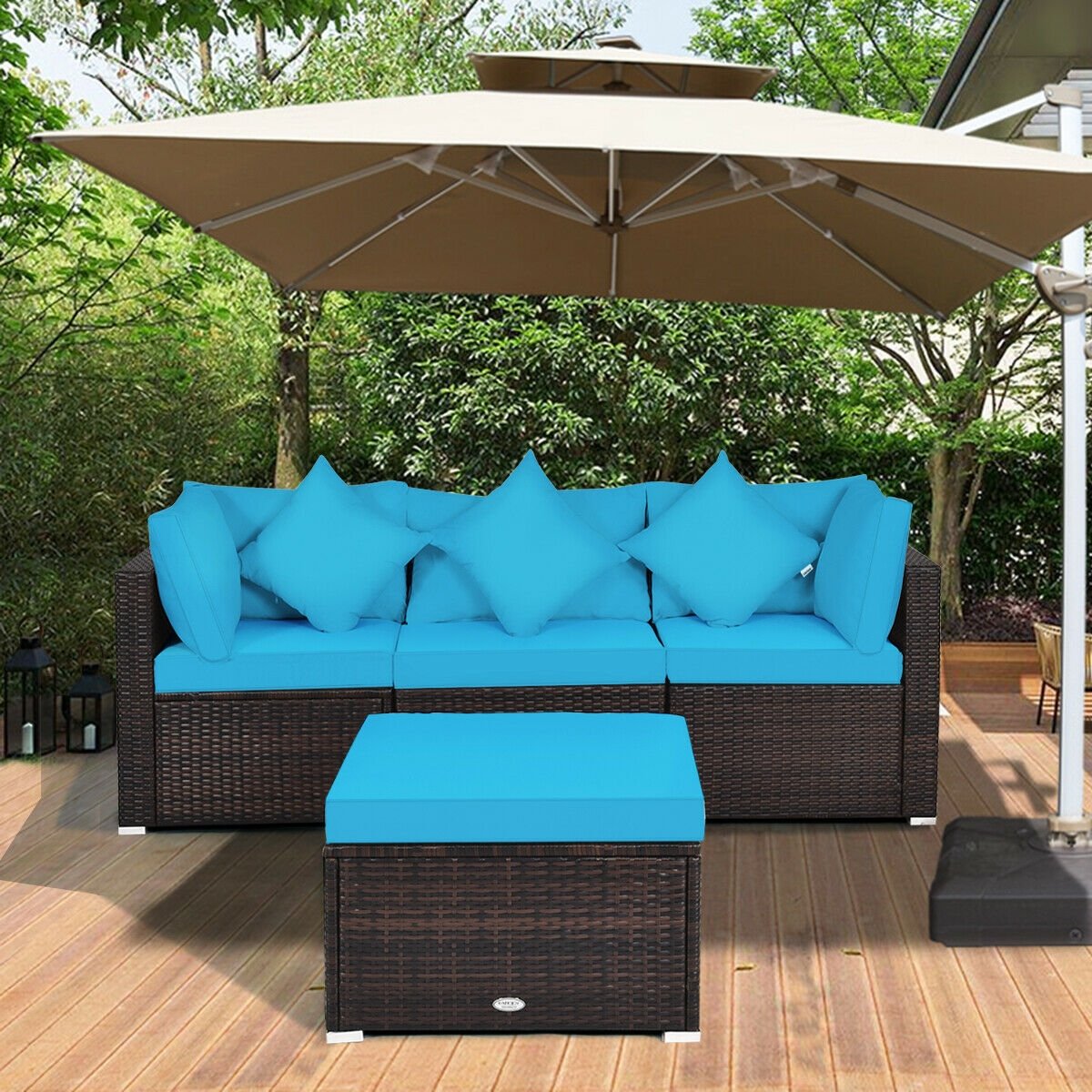 4 Pcs Ottoman Garden Deck Patio Rattan Wicker Furniture Set Cushioned Sofa, Turquoise Outdoor Sectionals   at Gallery Canada