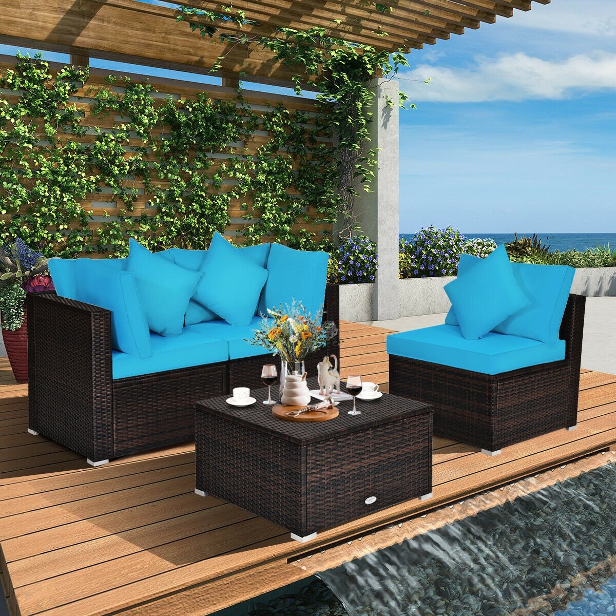 4 Pcs Ottoman Garden Deck Patio Rattan Wicker Furniture Set Cushioned Sofa, Turquoise Outdoor Sectionals   at Gallery Canada