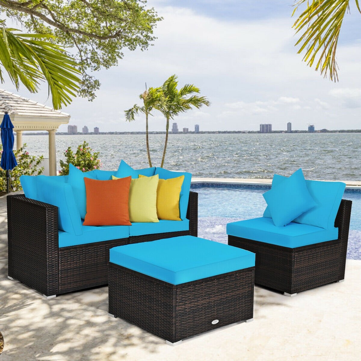 4 Pcs Ottoman Garden Deck Patio Rattan Wicker Furniture Set Cushioned Sofa, Turquoise Outdoor Sectionals   at Gallery Canada