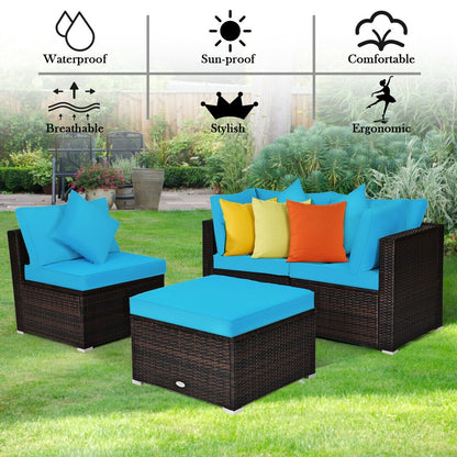 4 Pcs Ottoman Garden Deck Patio Rattan Wicker Furniture Set Cushioned Sofa, Turquoise Outdoor Sectionals   at Gallery Canada