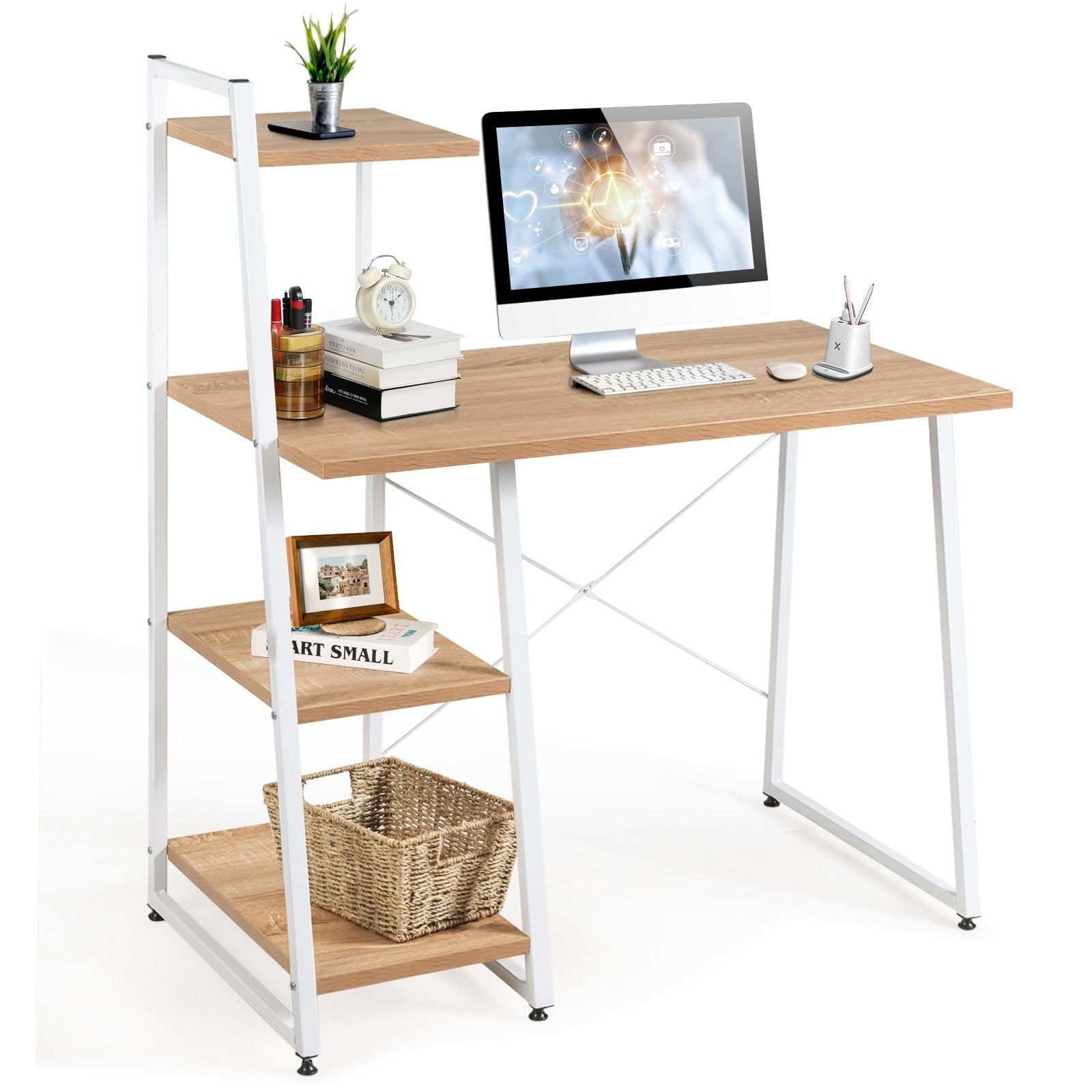 Compact Computer Desk Workstation with 4 Tier Shelves for Home and Office, Natural Writing Desks   at Gallery Canada