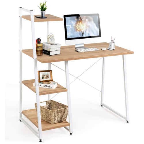 Compact Computer Desk Workstation with 4 Tier Shelves for Home and Office, Natural