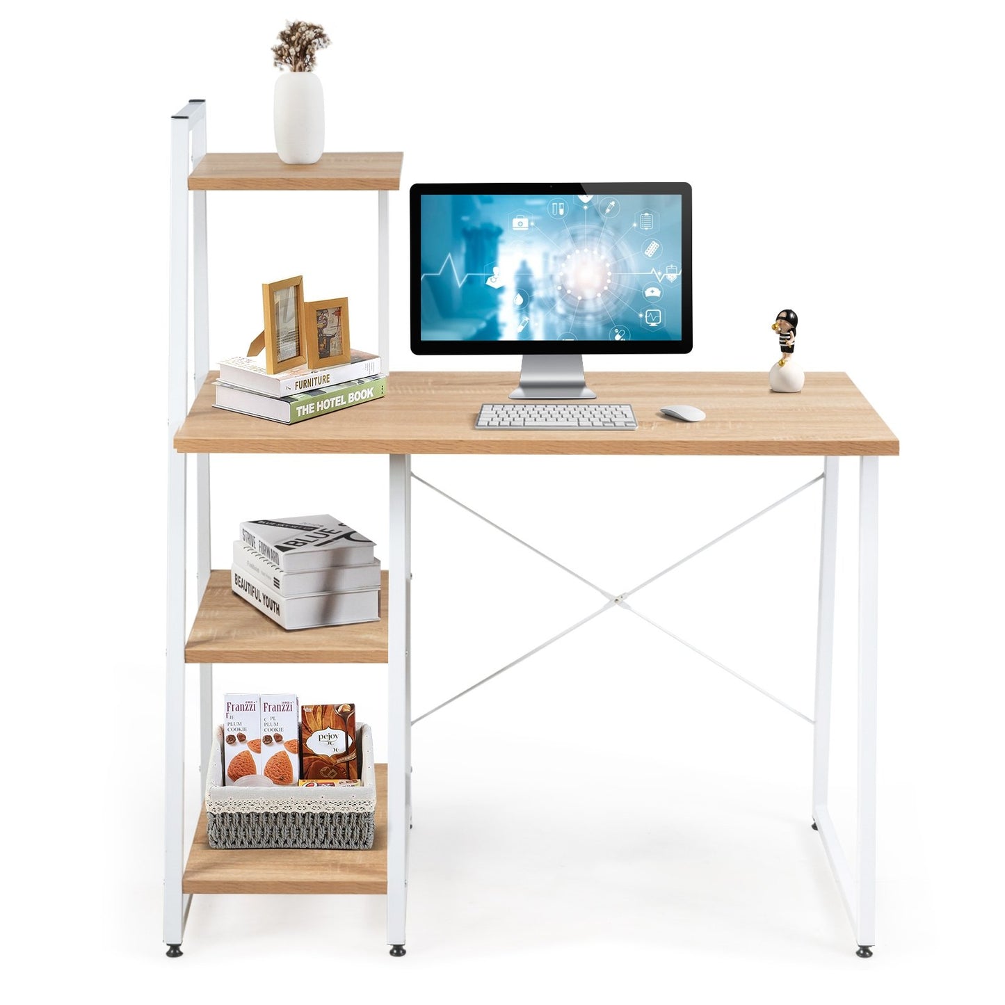 Compact Computer Desk Workstation with 4 Tier Shelves for Home and Office, Natural Writing Desks   at Gallery Canada