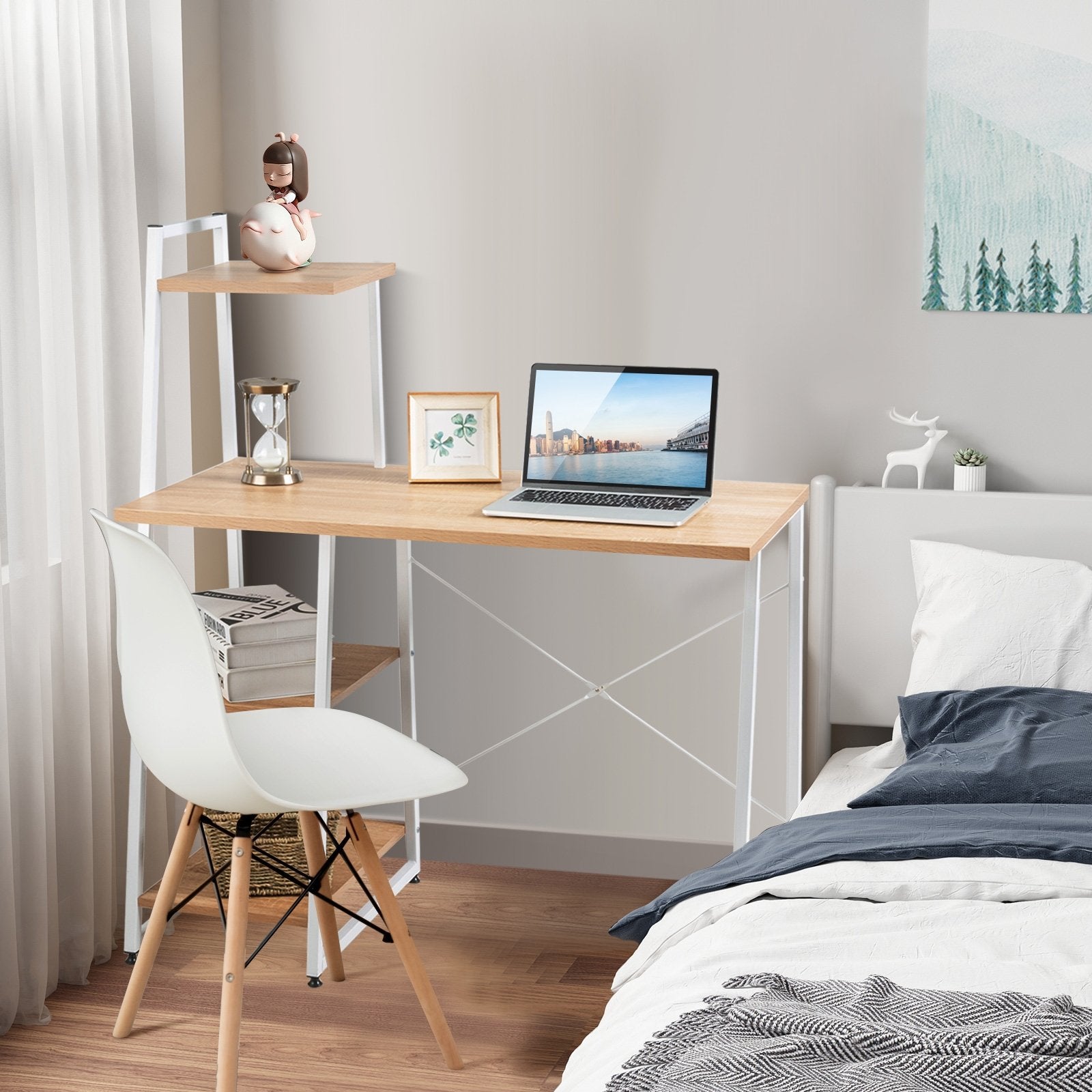 Compact Computer Desk Workstation with 4 Tier Shelves for Home and Office, Natural - Gallery Canada