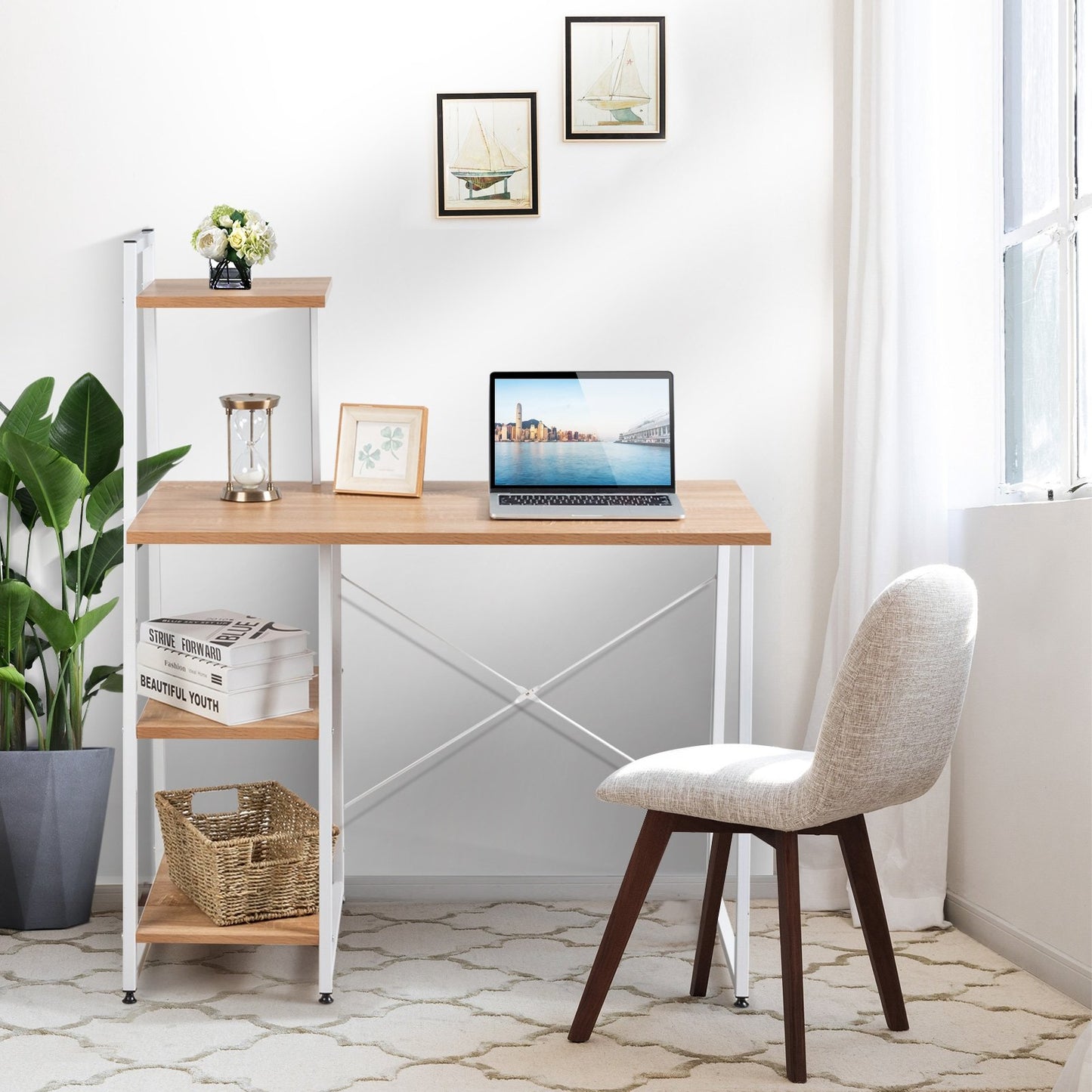 Compact Computer Desk Workstation with 4 Tier Shelves for Home and Office, Natural - Gallery Canada