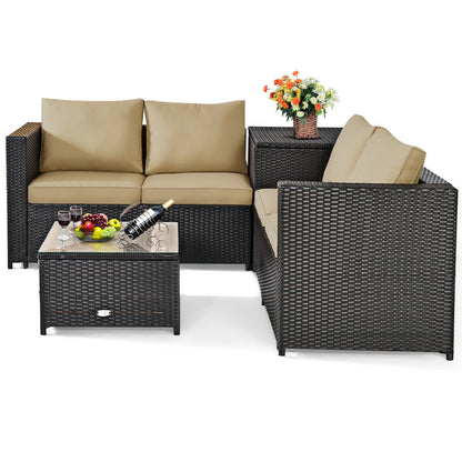 4 Pieces Outdoor Patio Rattan Furniture Set with Cushioned Loveseat and Storage Box, Brown Outdoor Sectionals   at Gallery Canada