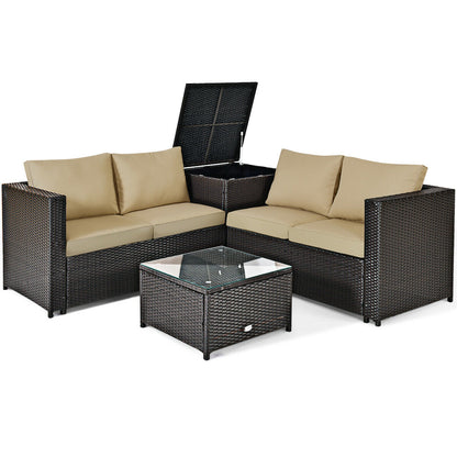 4 Pieces Outdoor Patio Rattan Furniture Set with Cushioned Loveseat and Storage Box, Brown Outdoor Sectionals Brown  at Gallery Canada