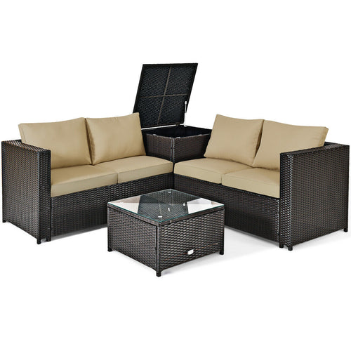 4 Pieces Outdoor Patio Rattan Furniture Set with Cushioned Loveseat and Storage Box, Brown