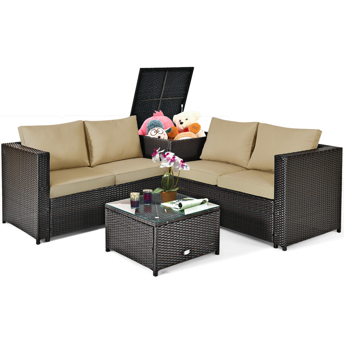 4 Pieces Outdoor Patio Rattan Furniture Set with Cushioned Loveseat and Storage Box, Brown Outdoor Sectionals   at Gallery Canada