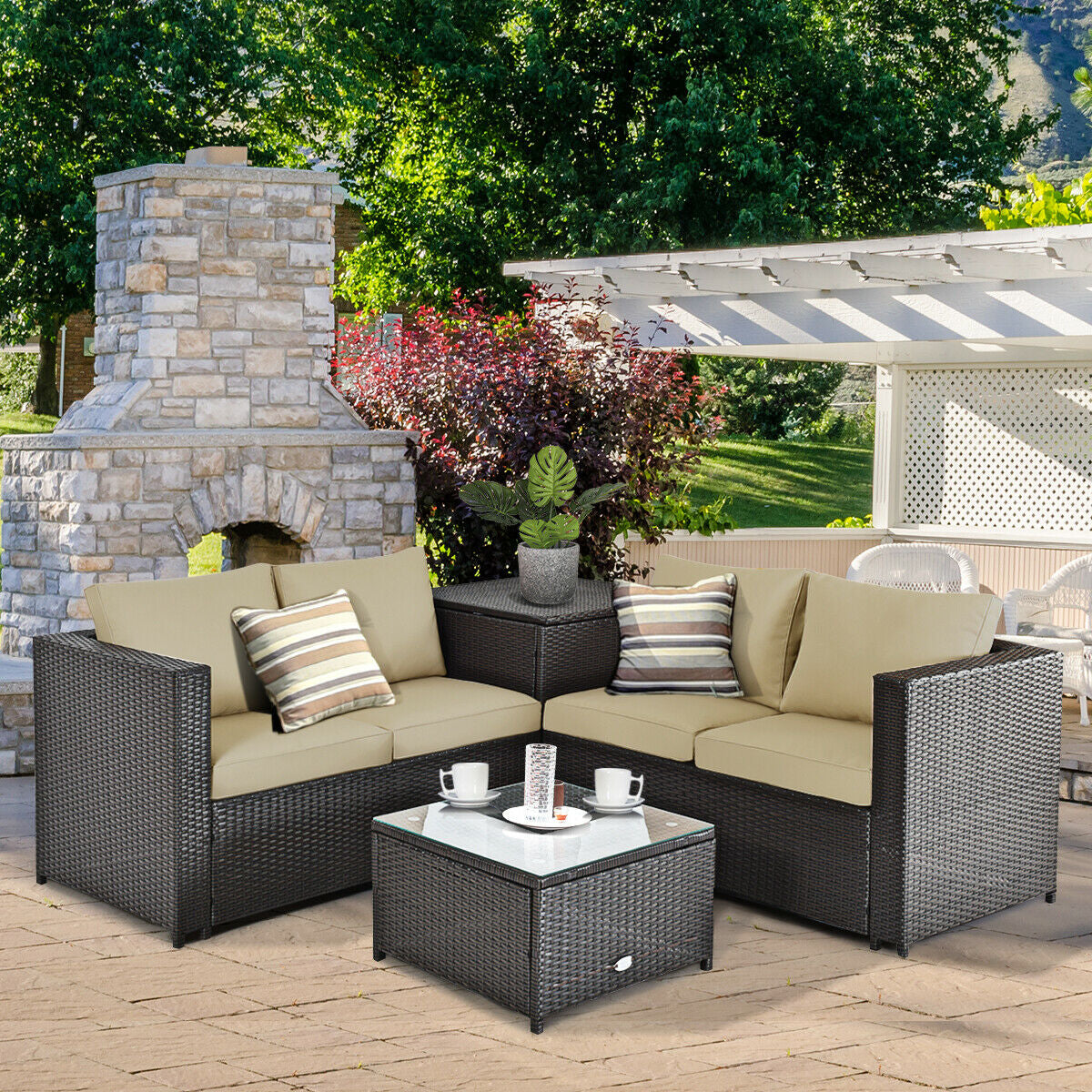 4 Pieces Outdoor Patio Rattan Furniture Set with Cushioned Loveseat and Storage Box, Brown Outdoor Sectionals   at Gallery Canada