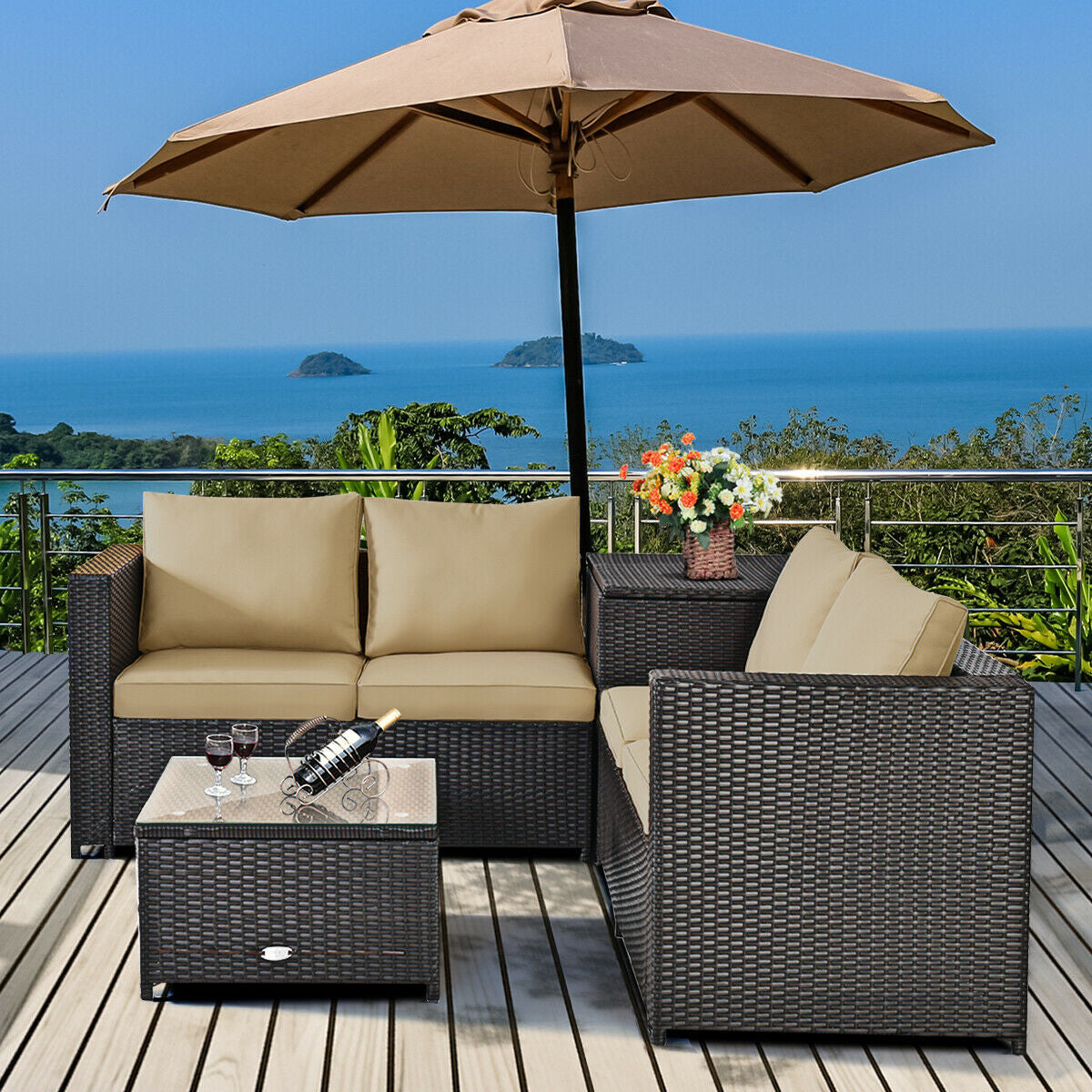 4 Pieces Outdoor Patio Rattan Furniture Set with Cushioned Loveseat and Storage Box, Brown Outdoor Sectionals   at Gallery Canada