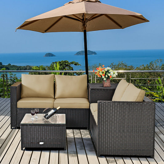 4 Pieces Outdoor Patio Rattan Furniture Set with Cushioned Loveseat and Storage Box, Brown Outdoor Sectionals Brown  at Gallery Canada