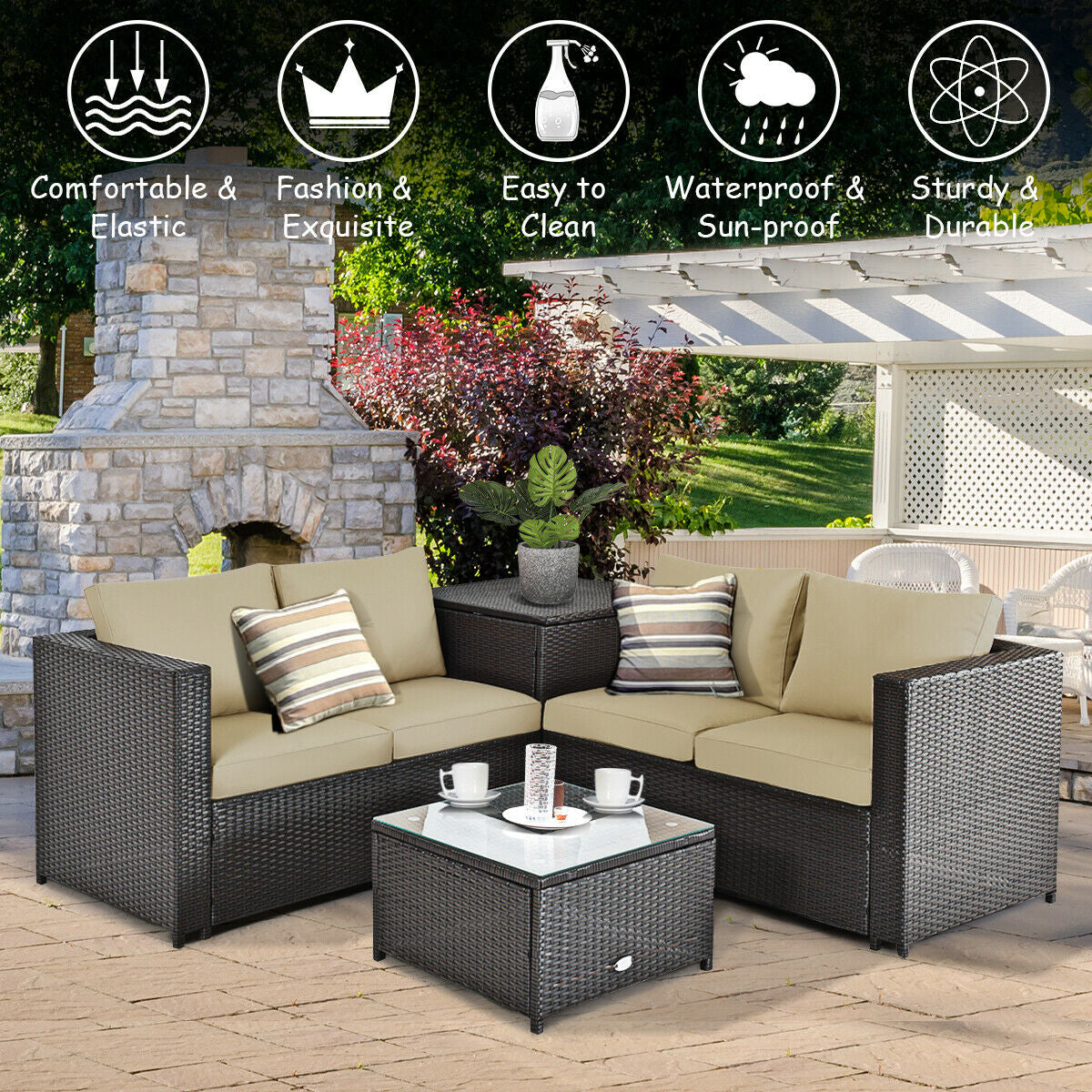 4 Pieces Outdoor Patio Rattan Furniture Set with Cushioned Loveseat and Storage Box, Brown Outdoor Sectionals   at Gallery Canada