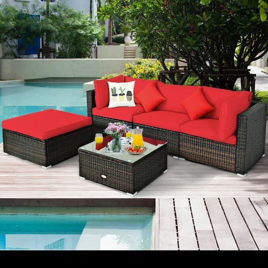 5 Pcs Outdoor Patio Rattan Furniture Set Sectional Conversation with Cushions, Red - Gallery Canada