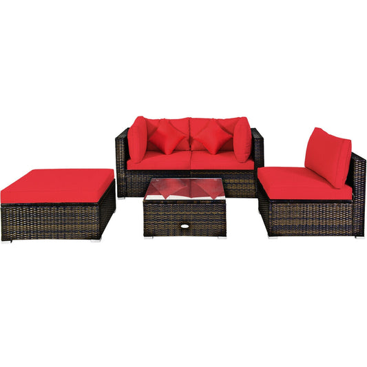 5 Pcs Outdoor Patio Rattan Furniture Set Sectional Conversation with Cushions, Red - Gallery Canada