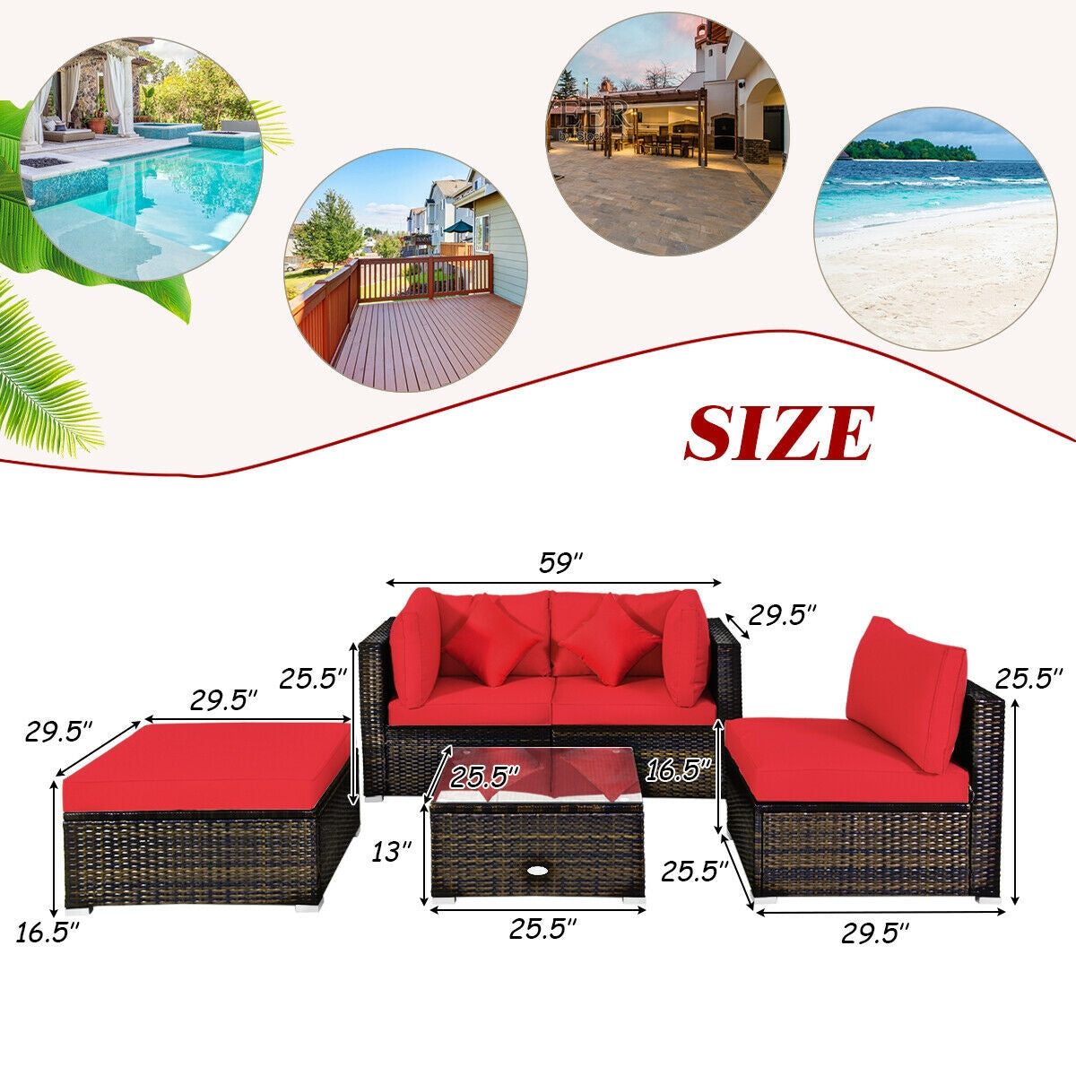 5 Pcs Outdoor Patio Rattan Furniture Set Sectional Conversation with Cushions, Red Outdoor Sectionals   at Gallery Canada