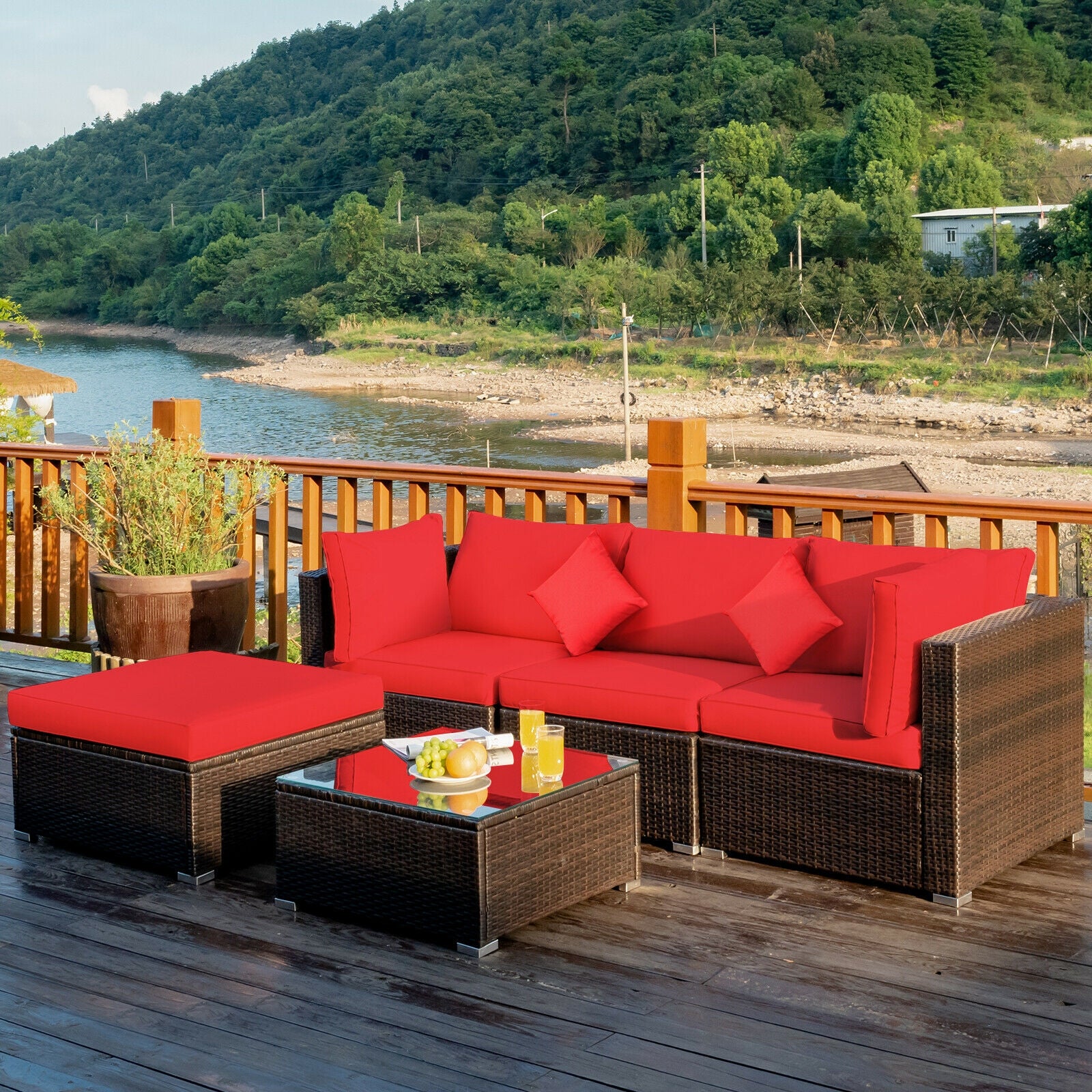 5 Pcs Outdoor Patio Rattan Furniture Set Sectional Conversation with Cushions, Red Outdoor Sectionals   at Gallery Canada