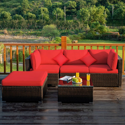 5 Pcs Outdoor Patio Rattan Furniture Set Sectional Conversation with Cushions, Red Outdoor Sectionals   at Gallery Canada