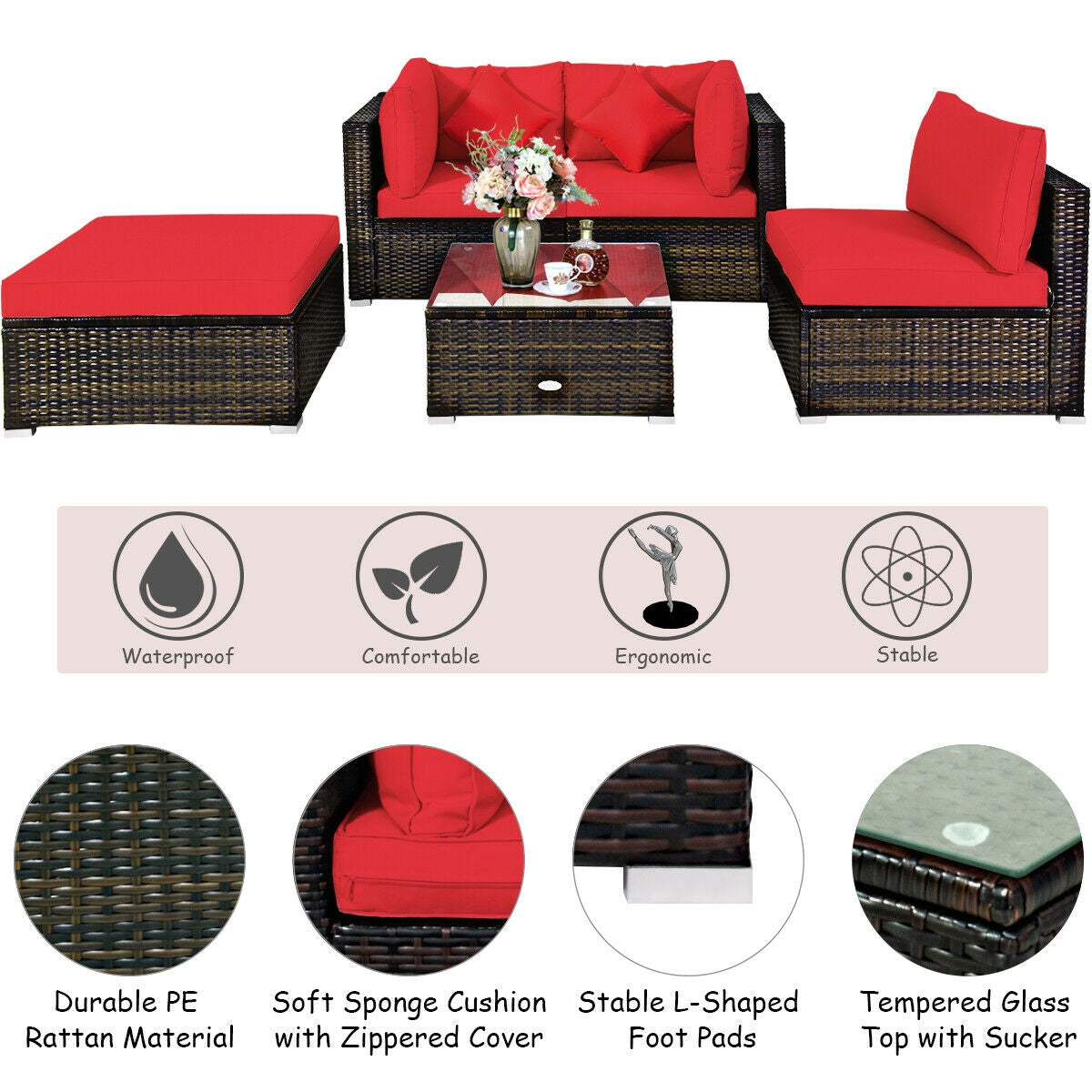 5 Pcs Outdoor Patio Rattan Furniture Set Sectional Conversation with Cushions, Red Outdoor Sectionals   at Gallery Canada