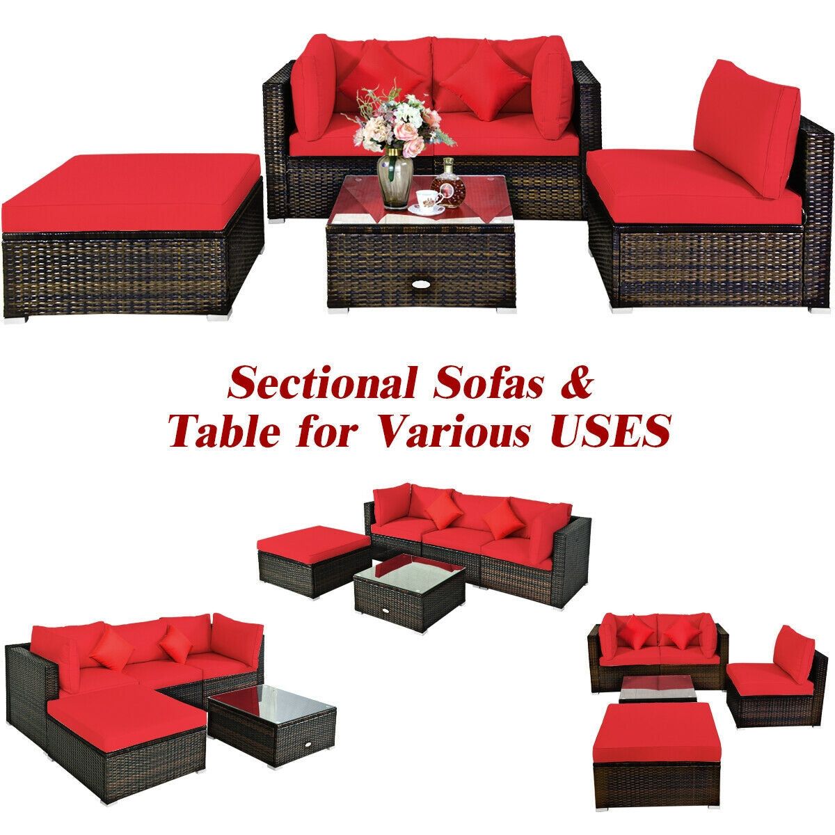 5 Pcs Outdoor Patio Rattan Furniture Set Sectional Conversation with Cushions, Red Outdoor Sectionals   at Gallery Canada