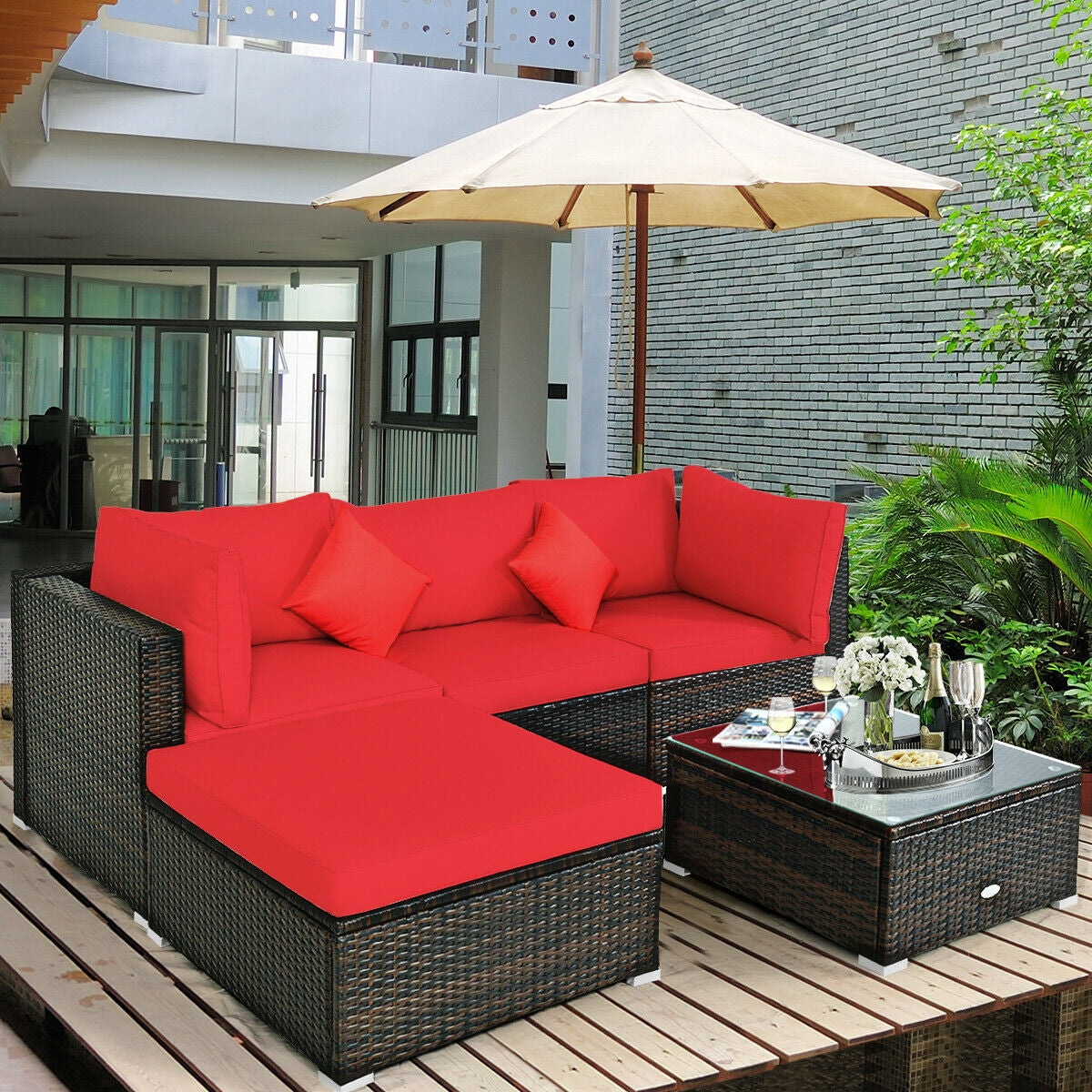 5 Pcs Outdoor Patio Rattan Furniture Set Sectional Conversation with Cushions, Red Outdoor Sectionals   at Gallery Canada