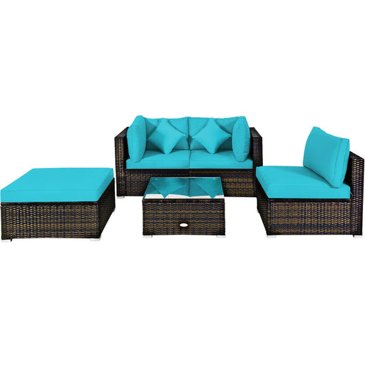 5 Pcs Outdoor Patio Rattan Furniture Set Sectional Conversation with Cushions, Turquoise - Gallery Canada