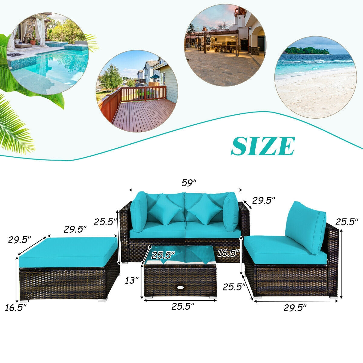 5 Pcs Outdoor Patio Rattan Furniture Set Sectional Conversation with Cushions, Turquoise Outdoor Sectionals   at Gallery Canada