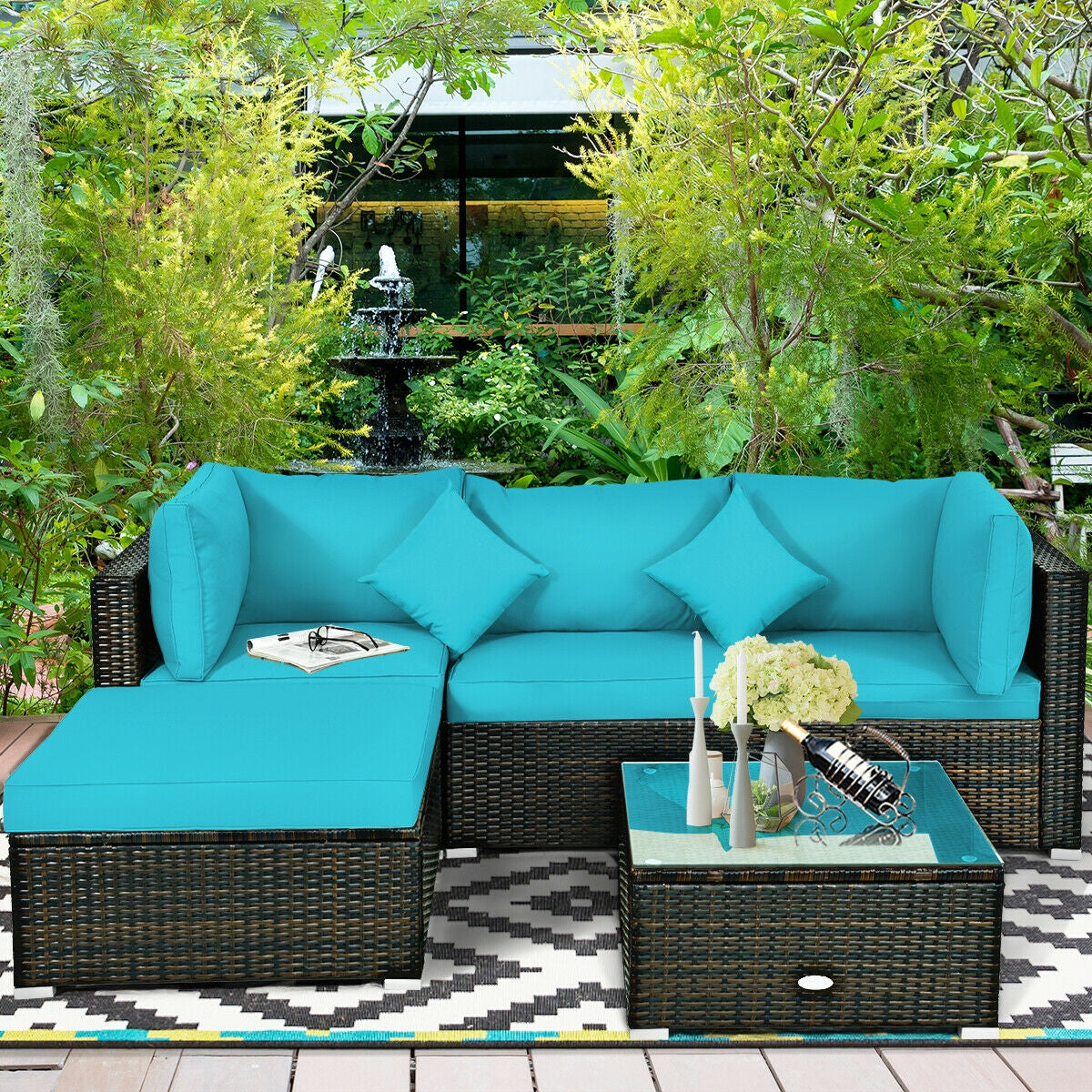 5 Pcs Outdoor Patio Rattan Furniture Set Sectional Conversation with Cushions, Turquoise Outdoor Sectionals   at Gallery Canada