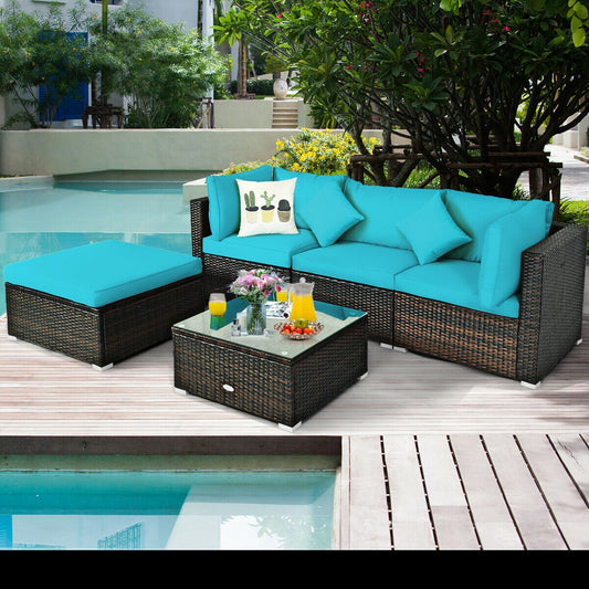 5 Pcs Outdoor Patio Rattan Furniture Set Sectional Conversation with Cushions, Turquoise - Gallery Canada