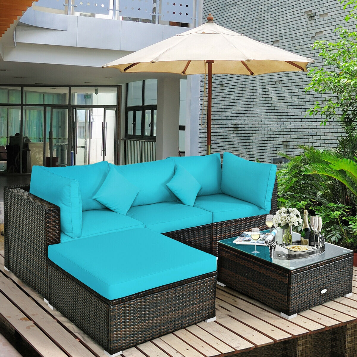 5 Pcs Outdoor Patio Rattan Furniture Set Sectional Conversation with Cushions, Turquoise Outdoor Sectionals   at Gallery Canada