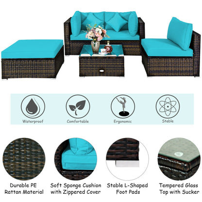 5 Pcs Outdoor Patio Rattan Furniture Set Sectional Conversation with Cushions, Turquoise Outdoor Sectionals   at Gallery Canada