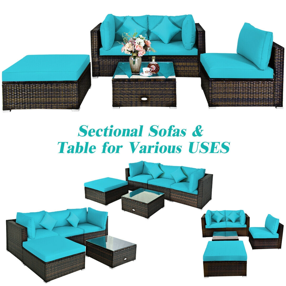 5 Pcs Outdoor Patio Rattan Furniture Set Sectional Conversation with Cushions, Turquoise Outdoor Sectionals   at Gallery Canada