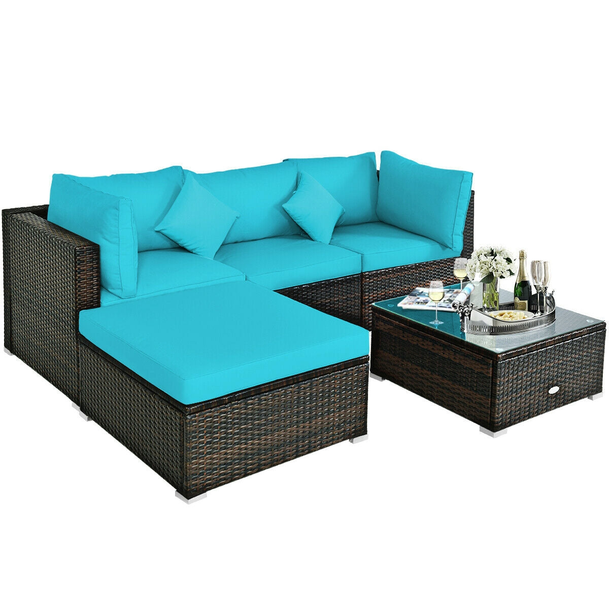 5 Pcs Outdoor Patio Rattan Furniture Set Sectional Conversation with Cushions, Turquoise Outdoor Sectionals   at Gallery Canada