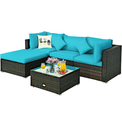 5 Pcs Outdoor Patio Rattan Furniture Set Sectional Conversation with Cushions, Turquoise Outdoor Sectionals   at Gallery Canada