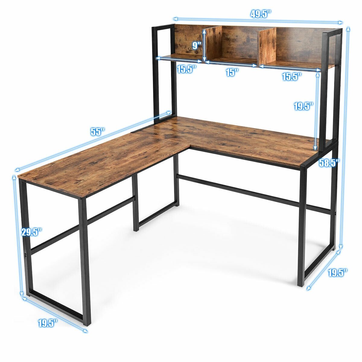 Industrial L-Shaped Desk Bookshelf 55 Inch Corner Computer Gaming Table, Brown - Gallery Canada