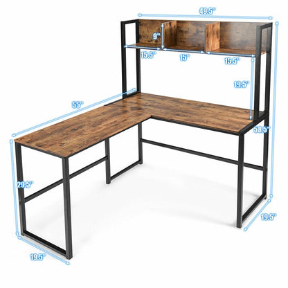 Industrial L-Shaped Desk Bookshelf 55 Inch Corner Computer Gaming Table, Brown - Gallery Canada