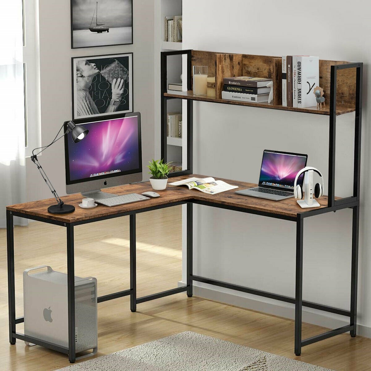 Industrial L-Shaped Desk Bookshelf 55 Inch Corner Computer Gaming Table, Brown L-Shaped Desks   at Gallery Canada