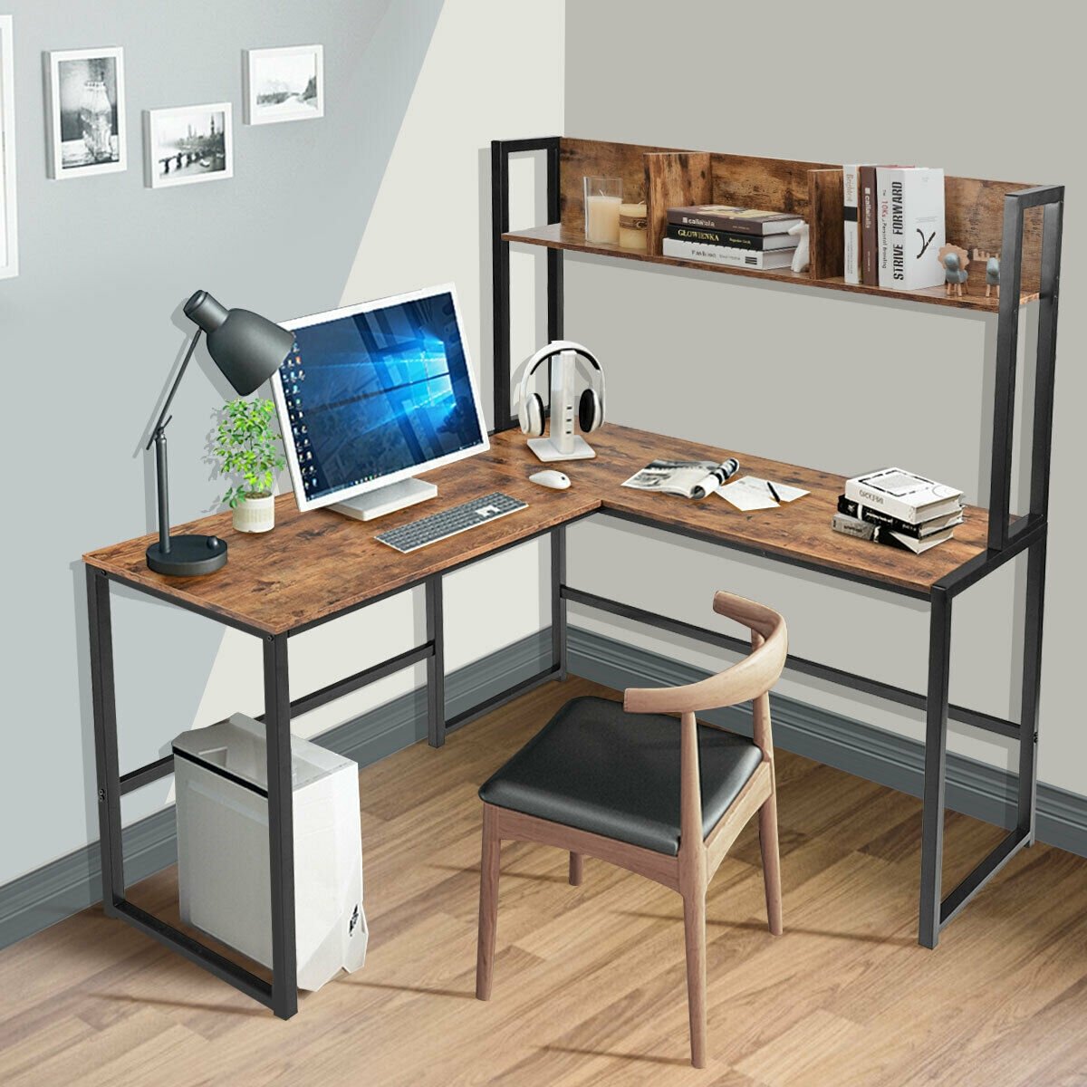 Industrial L-Shaped Desk Bookshelf 55 Inch Corner Computer Gaming Table, Brown - Gallery Canada