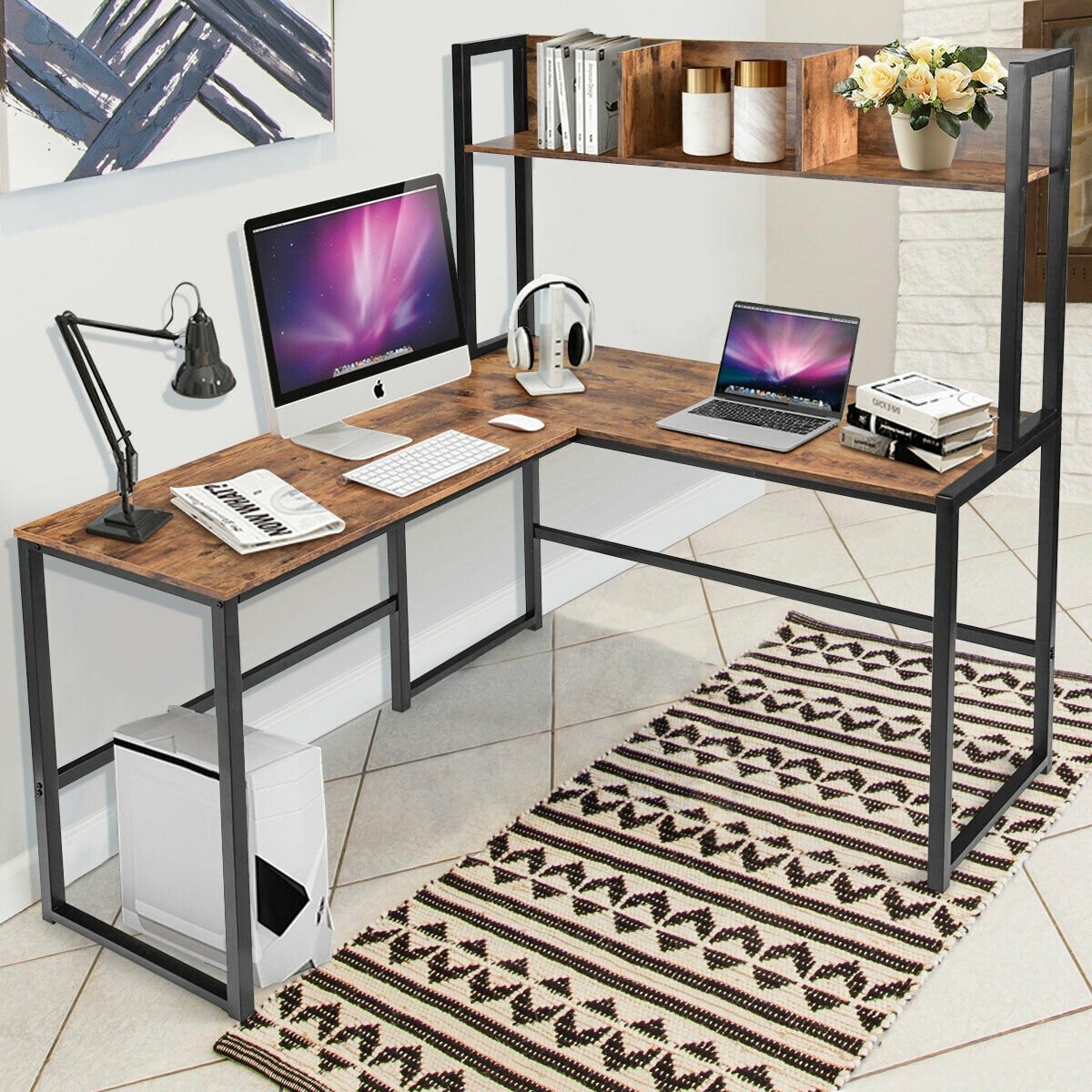 Industrial L-Shaped Desk Bookshelf 55 Inch Corner Computer Gaming Table, Brown L-Shaped Desks   at Gallery Canada