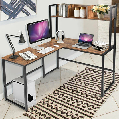 Industrial L-Shaped Desk Bookshelf 55 Inch Corner Computer Gaming Table, Brown L-Shaped Desks   at Gallery Canada