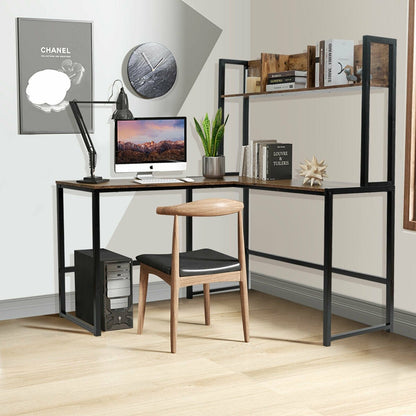 Industrial L-Shaped Desk Bookshelf 55 Inch Corner Computer Gaming Table, Brown - Gallery Canada