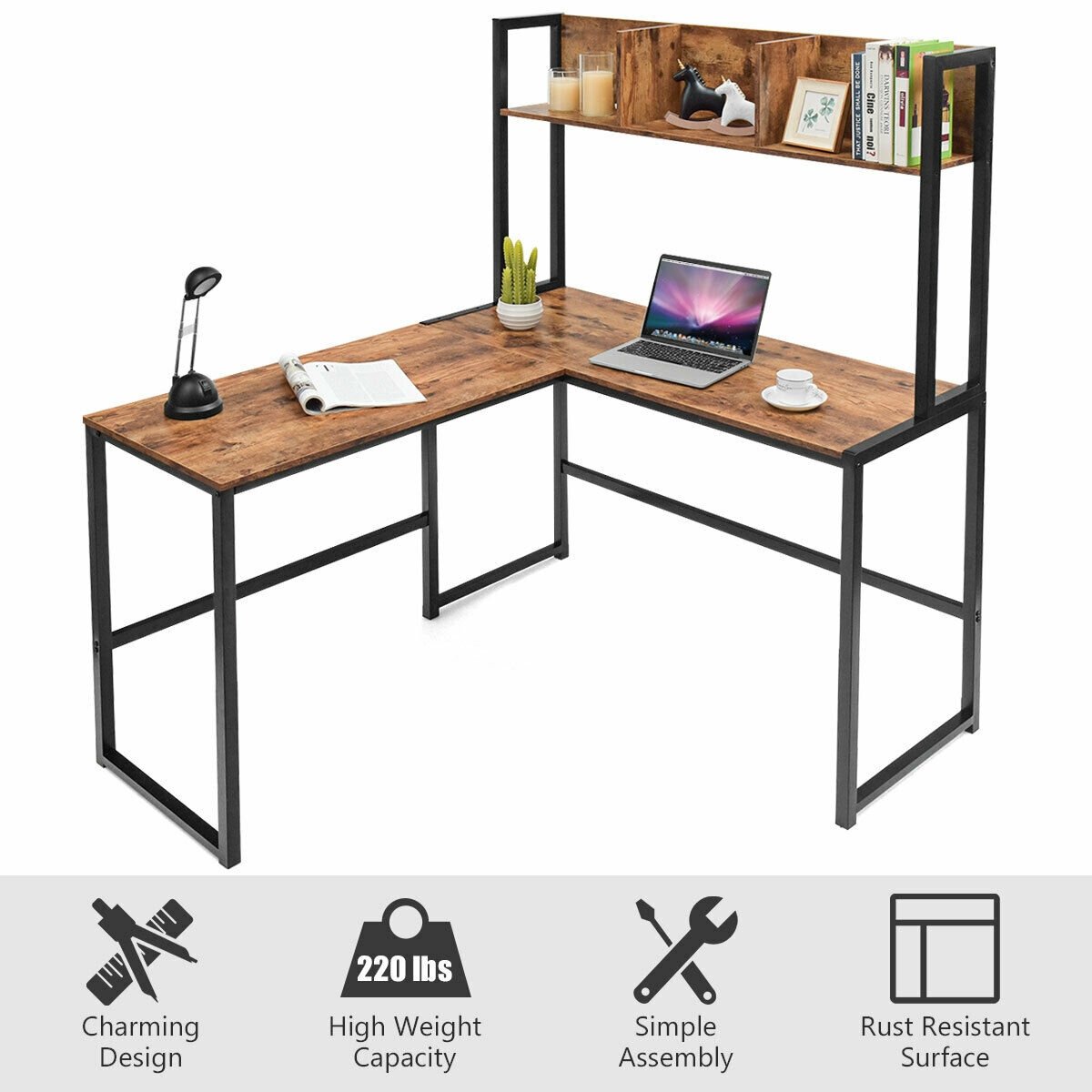 Industrial L-Shaped Desk Bookshelf 55 Inch Corner Computer Gaming Table, Brown - Gallery Canada