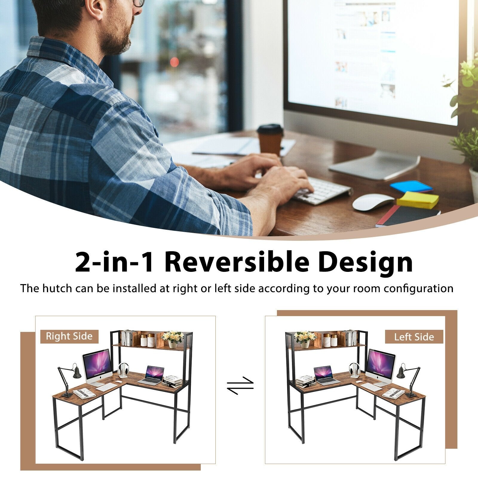 Industrial L-Shaped Desk Bookshelf 55 Inch Corner Computer Gaming Table, Brown L-Shaped Desks   at Gallery Canada