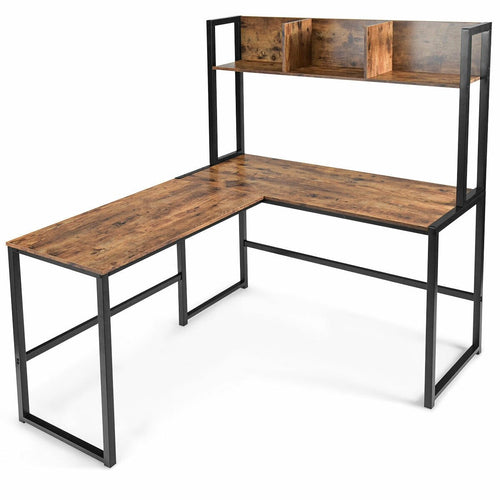 Industrial L-Shaped Desk Bookshelf 55 Inch Corner Computer Gaming Table, Brown