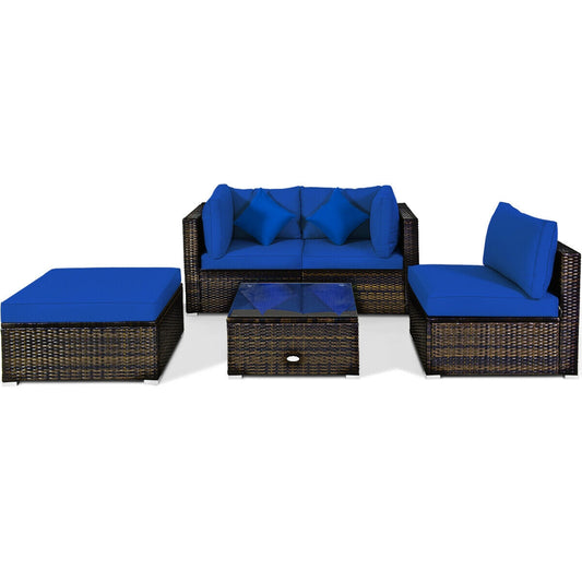 5 Pcs Outdoor Patio Rattan Furniture Set Sectional Conversation with Cushions, Navy - Gallery Canada