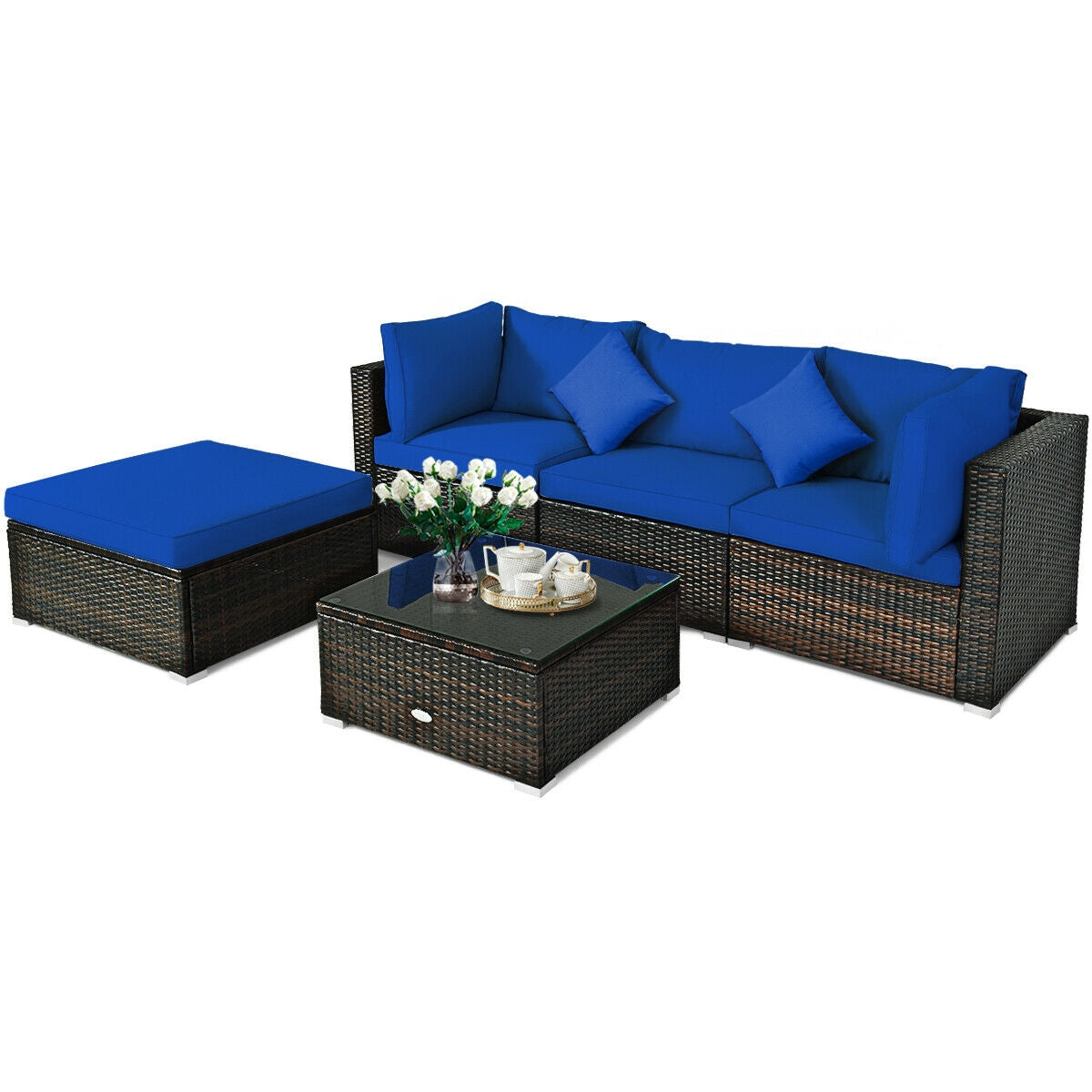 5 Pcs Outdoor Patio Rattan Furniture Set Sectional Conversation with Cushions, Navy Outdoor Sectionals   at Gallery Canada