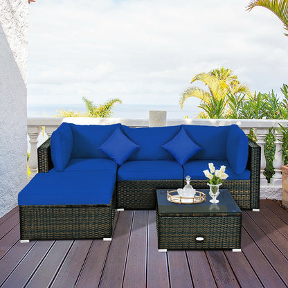 5 Pcs Outdoor Patio Rattan Furniture Set Sectional Conversation with Cushions, Navy Outdoor Sectionals   at Gallery Canada